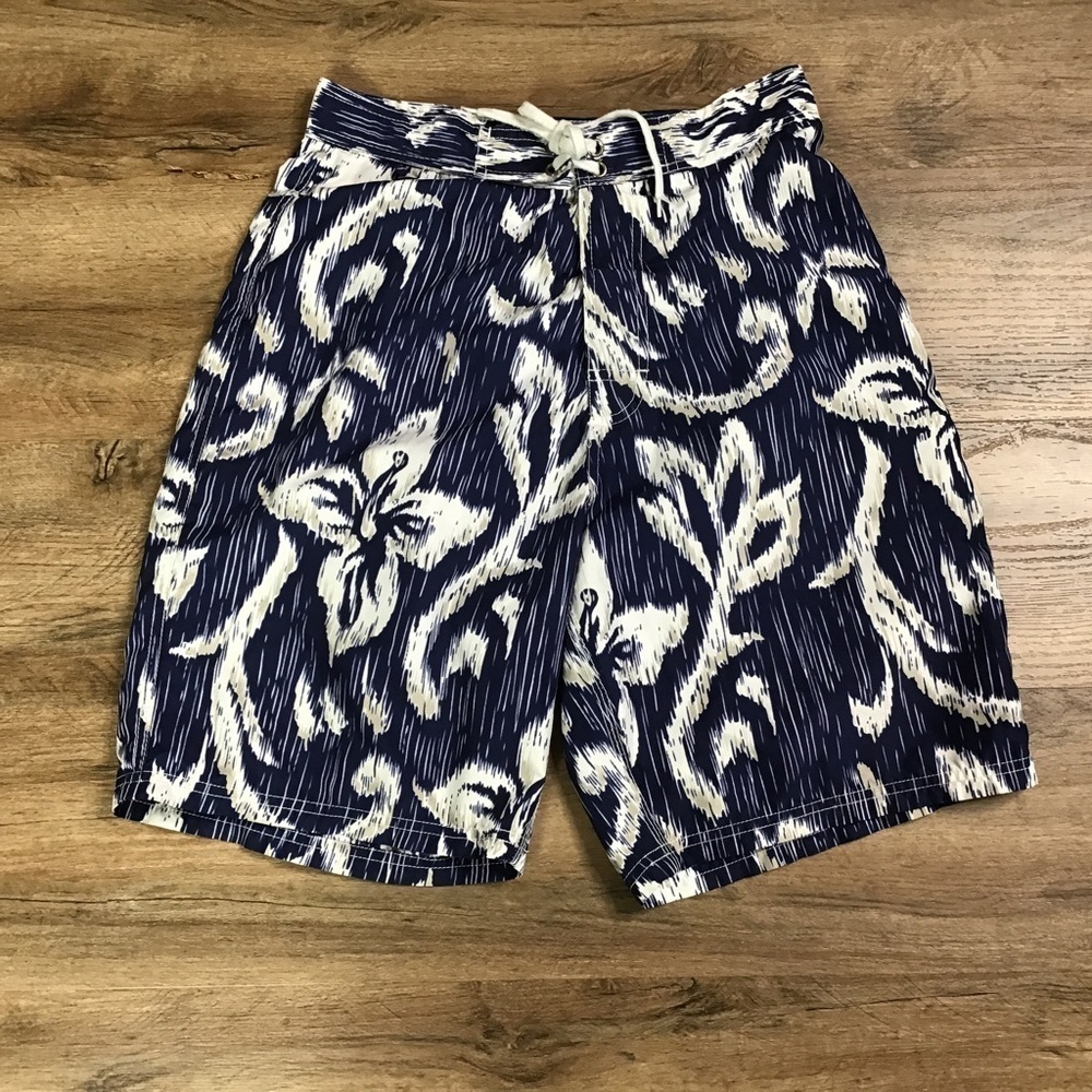 VINTAGE Burnout Board Shorts Tribal Floral Print Blue White Size 30